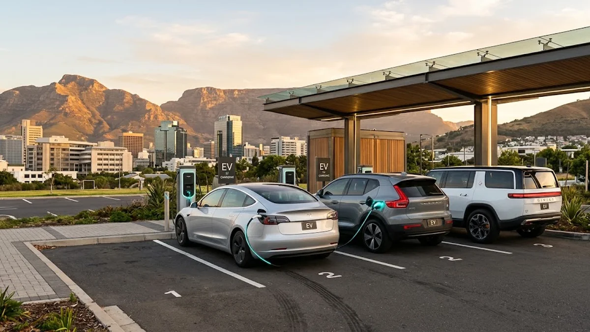 Silver sedan, gray SUV and white SUV plugged into chargers under a canopy, with mountains behind
