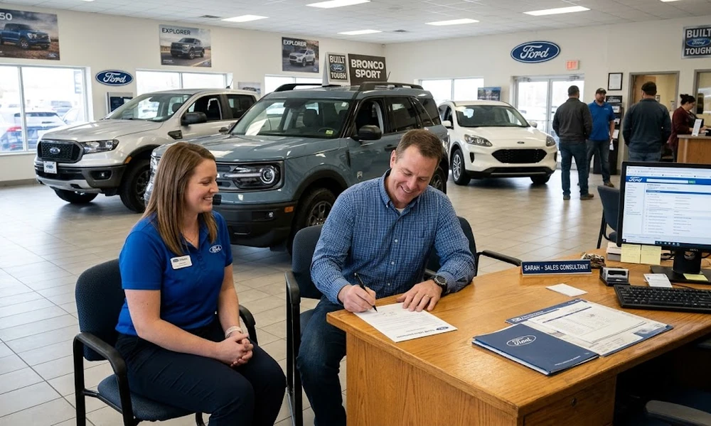 Smiling customer signing a document at a wooden desk while a Ford sales consultant in a blue polo looks on, with Ford SUVs and trucks on the showroom floor behind them