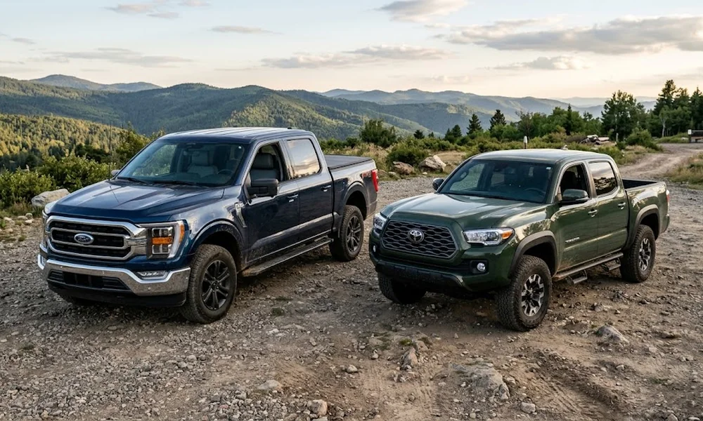 Two pickup trucks, a blue full-size Ford F-150 and a green midsize Toyota Tacoma, parked on gravel near a mountain overlook