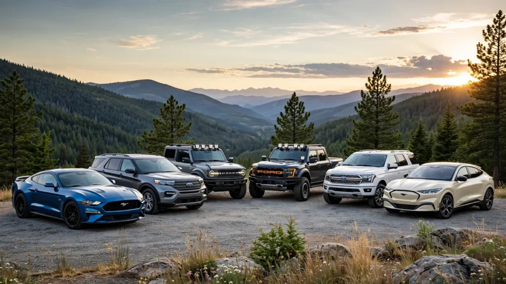 Ford lineup featuring Mustang sports car, Explorer SUV, Bronco off-road SUV, F-150 Raptor pickup, Expedition large SUV, and Mustang Mach-E electric SUV parked together on a mountain overlook at sunset