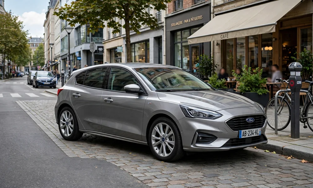  Silver Ford Focus hatchback parked on a cobblestone city street with outdoor café tables, front three-quarter view in soft natural daylight.