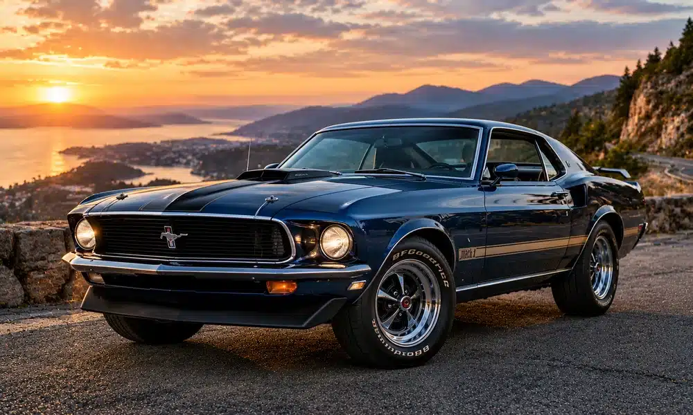 Dark blue classic Ford Mustang with racing stripes parked on a mountain road beside a lake at sunset.