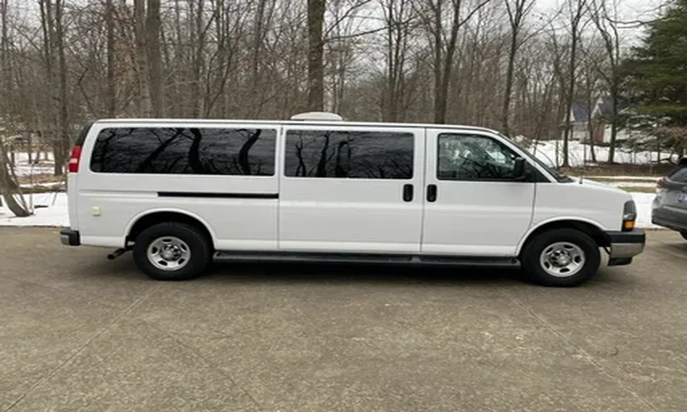 Side view of a white extended full-size passenger van with tinted windows, parked on a driveway near bare winter trees.