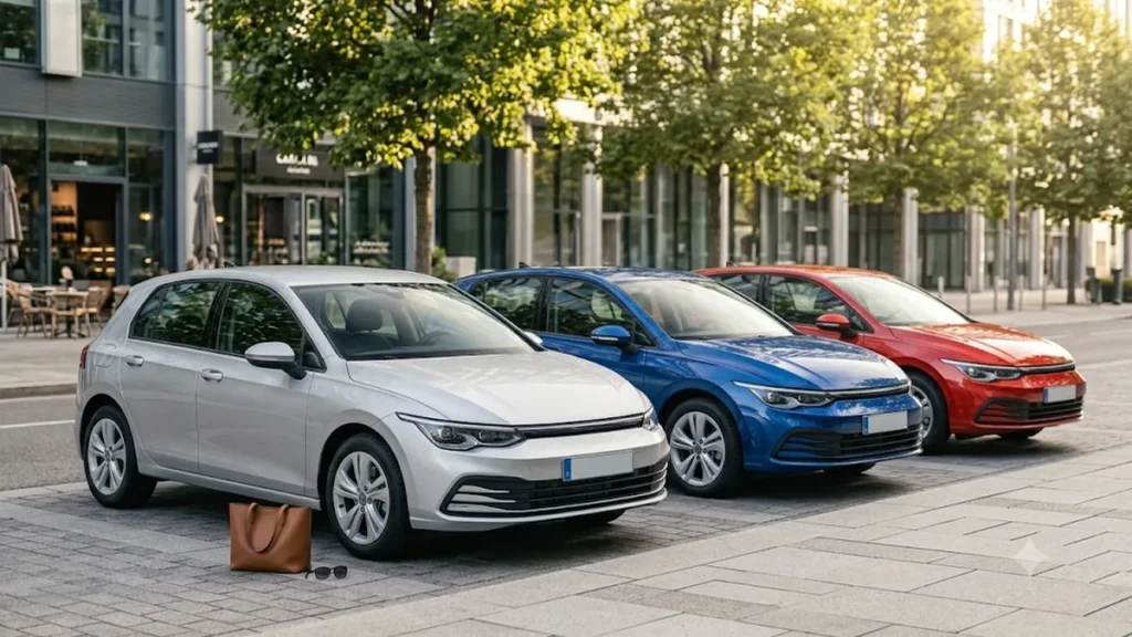 Silver, blue, and red hatchback cars parked side by side on a sunny city street