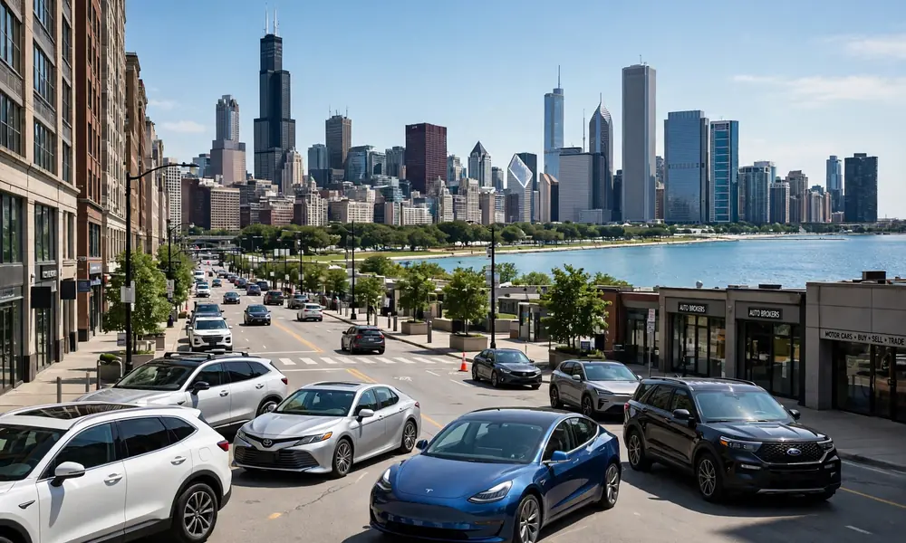 Motor cars of Chicago driving on downtown street with Chicago skyline and Lake Michigan in background