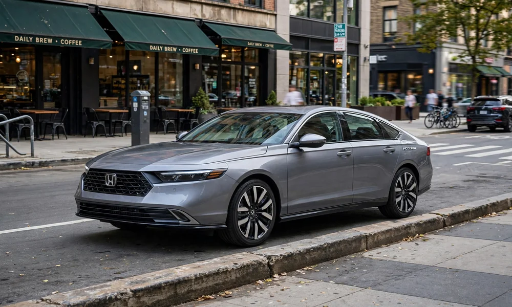 Gray Honda Accord sedan parked curbside on a city street, front three-quarter view with realistic daylight, sleek grille and alloy wheels visible.