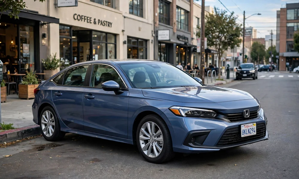 Metallic blue Honda Civic sedan parked curbside on a city street during daytime, front three-quarter view with realistic lighting and urban background.