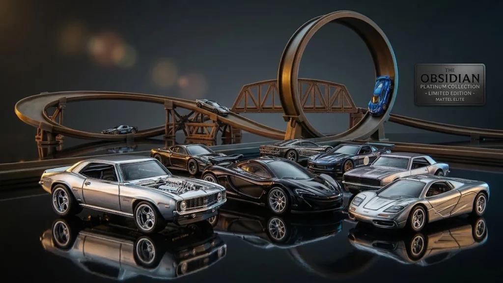 Premium die-cast Hot Wheels style cars including a chrome muscle car, black supercar and silver sports cars in front of a dark racing track with a loop