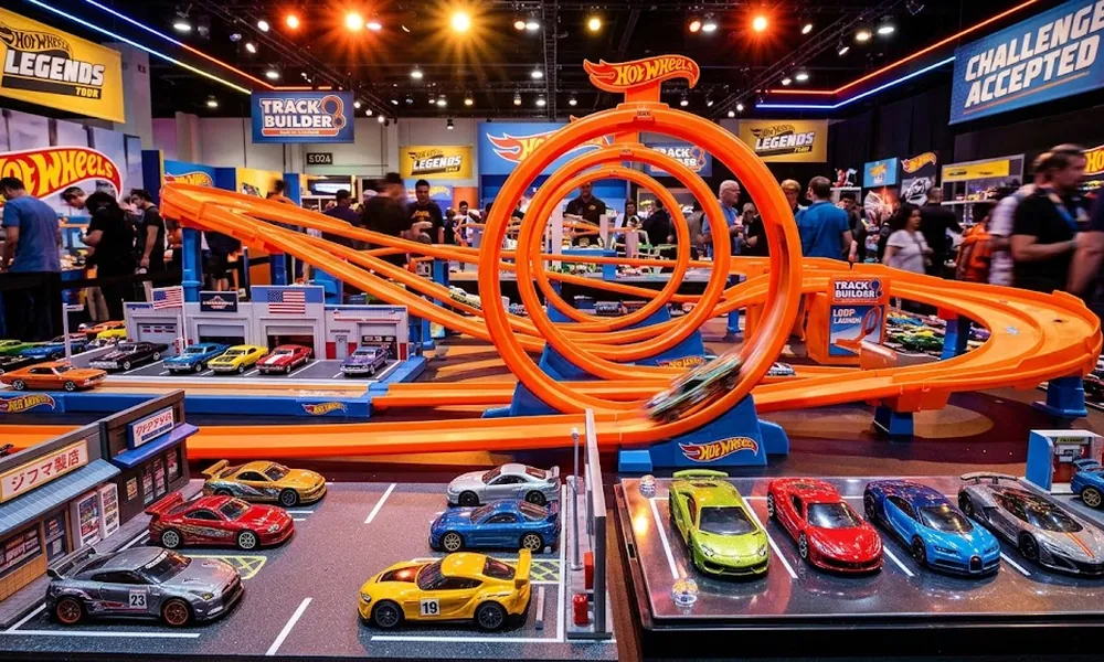 Orange Hot Wheels Track Builder display with loops, launcher, and miniature cars at an event