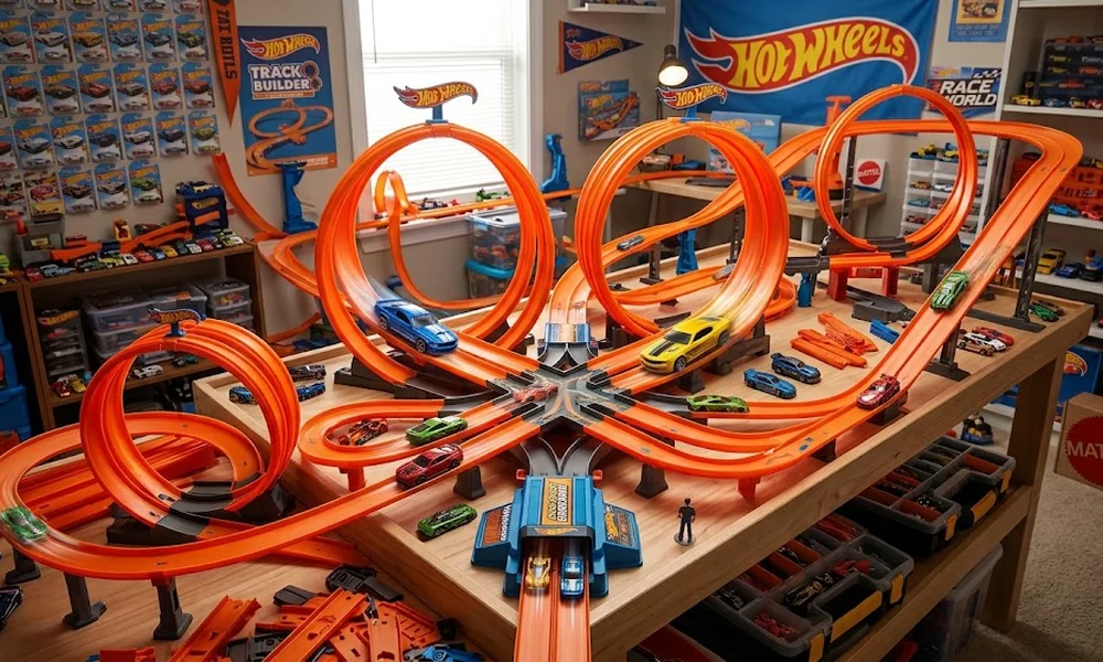 Large orange Hot Wheels track setup with multiple loops, launcher, and toy cars on a wooden table