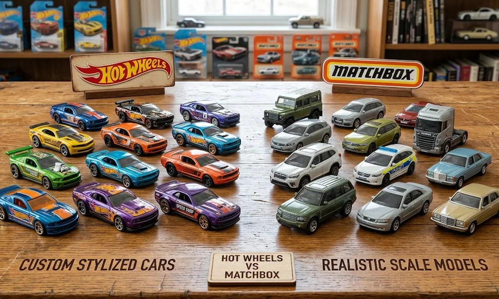 Hot Wheels stylized cars on the left and realistic Matchbox vehicles on the right comparison