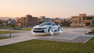 White sports car floating above a paved plaza on glowing thrusters, with brick houses and distant hills behind it in warm evening light