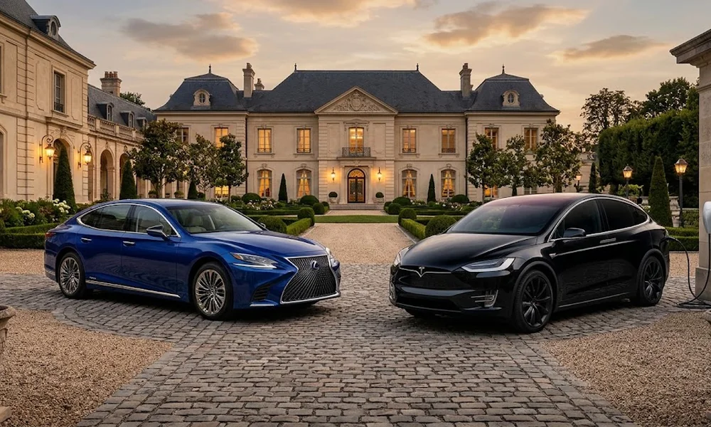 Blue Lexus sedan and black electric SUV parked side by side on a cobblestone driveway in front of a large stone mansion