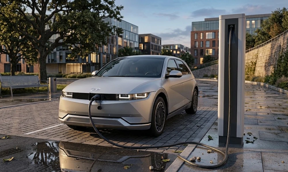 Silver Hyundai IONIQ 5 plugged into a charging post on a wet paved street, with apartment buildings and trees behind it
