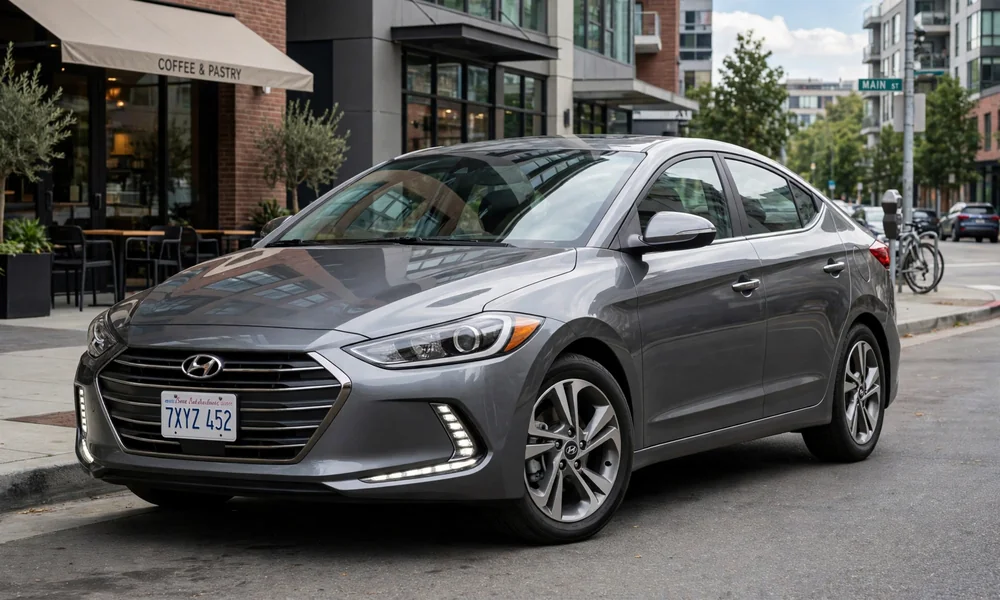 Gray Hyundai Elantra sedan parked curbside on a sunny urban street, front three-quarter view with distinctive grille and LED running lights in natural daylight.