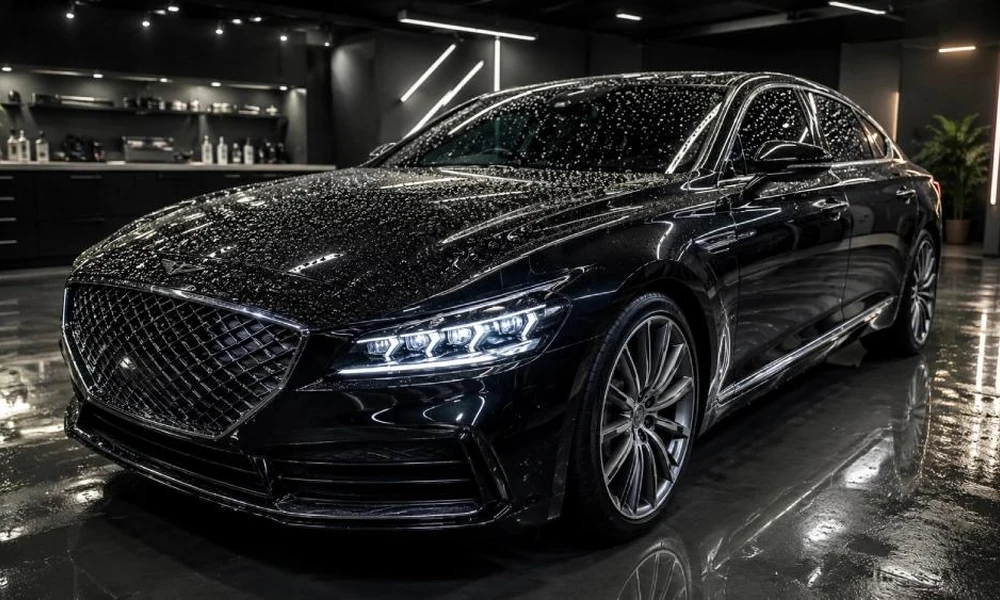 Glossy black car showing the enhanced appearance of ceramic-coated paint.