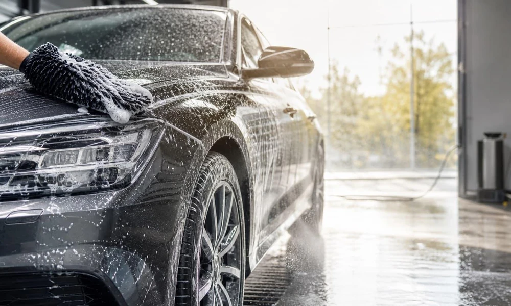 Detailer washing a ceramic-coated vehicle using a microfiber wash mitt.