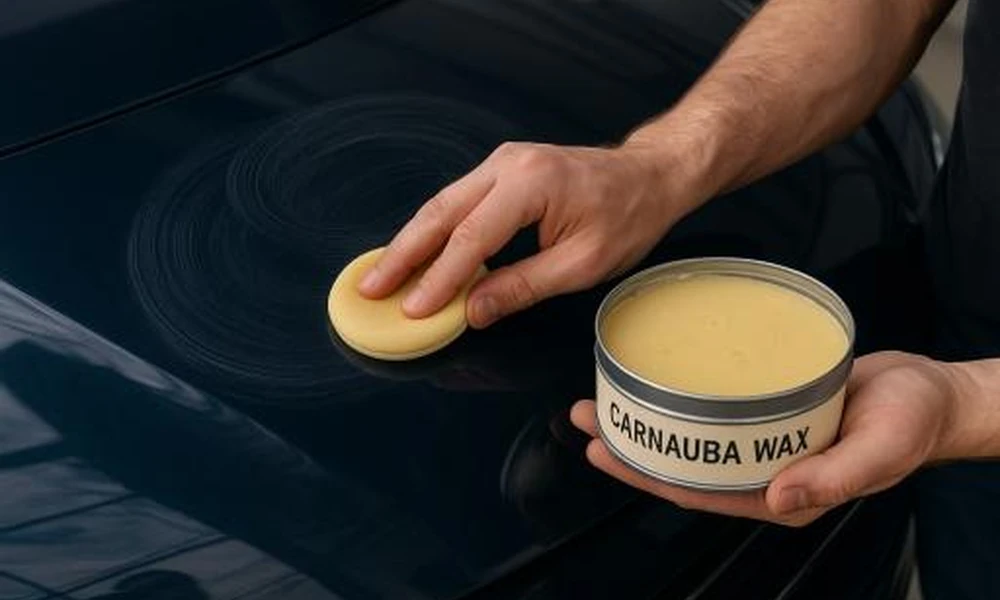 Car wax being applied to a vehicle's painted surface.