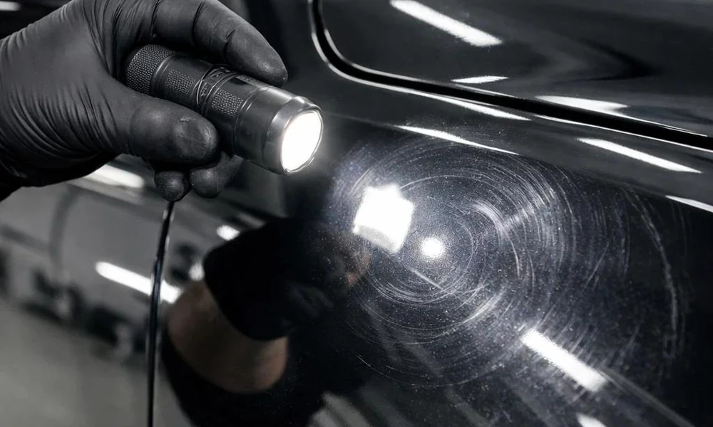 Close-up of car paint imperfections and stone chip damage.