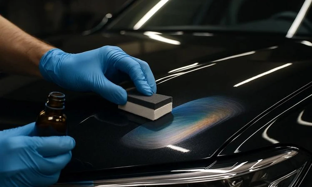 DIY ceramic coating application on a car hood using a microfiber applicator.