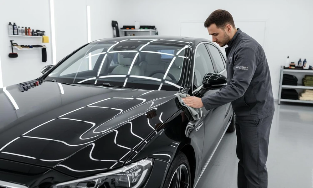 Automotive detailing specialist inspecting a car before ceramic coating.