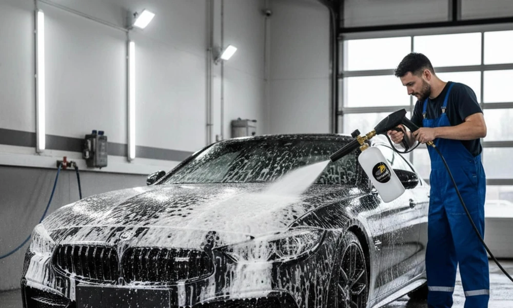 Car exterior being washed with foam before ceramic coating.