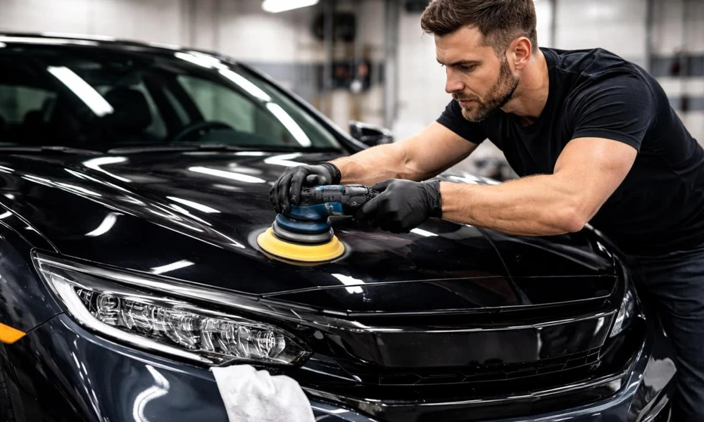 Professional detailer polishing car paint using a machine polisher.