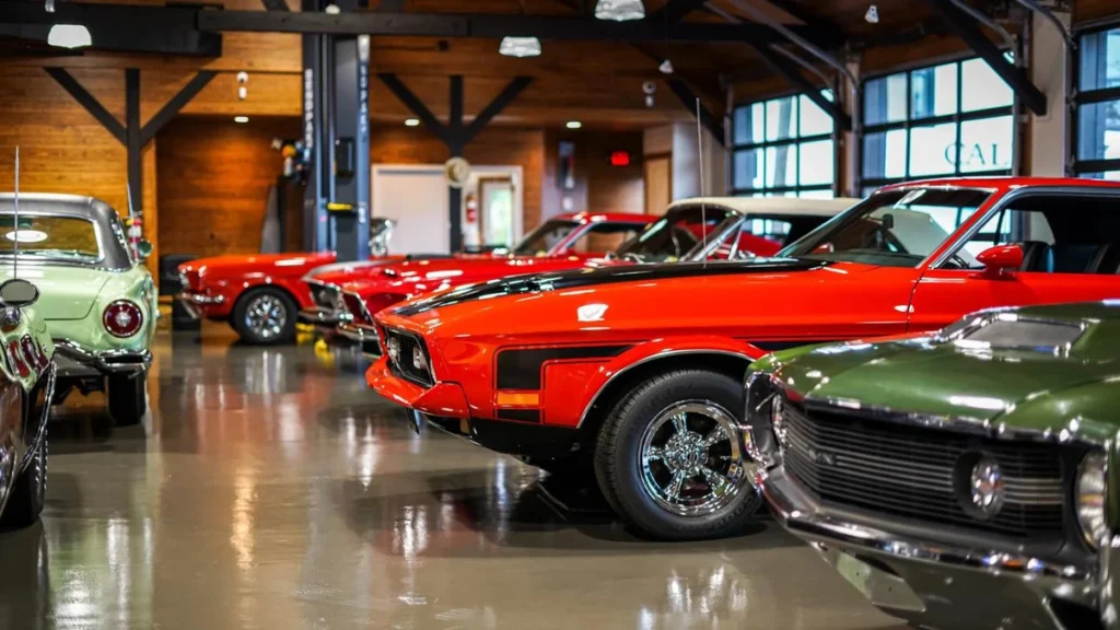 Classic and vintage collector cars displayed inside a spacious dealership showroom.