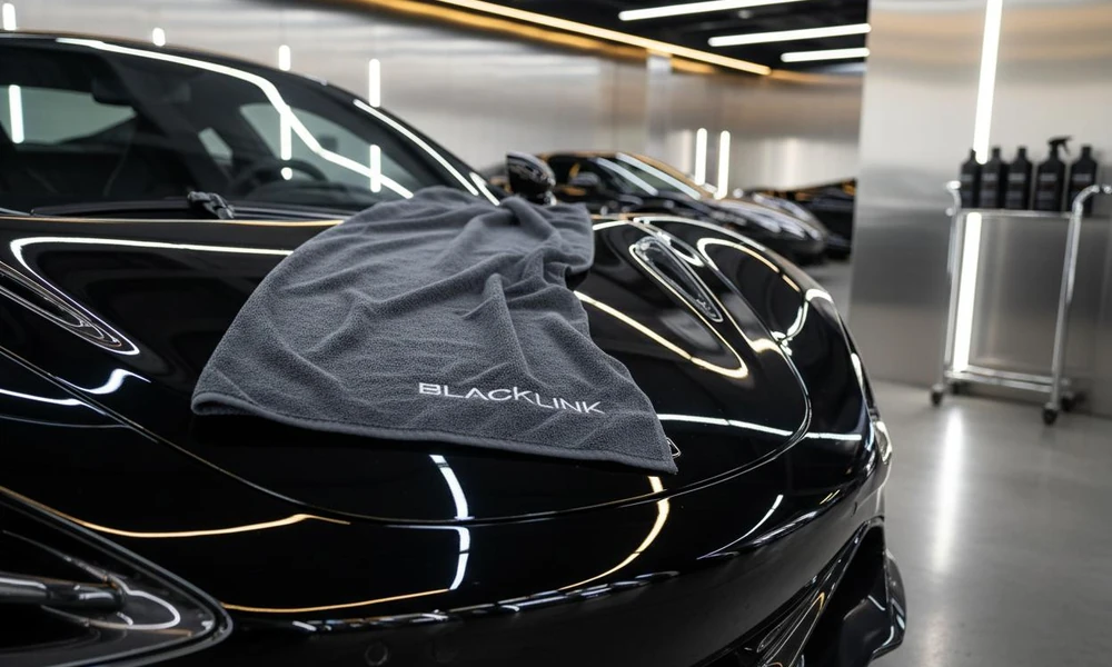 Detailer drying a ceramic-coated car with a microfiber towel.