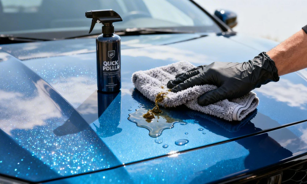 Bird droppings being carefully removed from a car's painted surface.