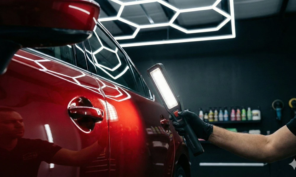 Automotive detailer inspecting the condition of ceramic-coated paint.