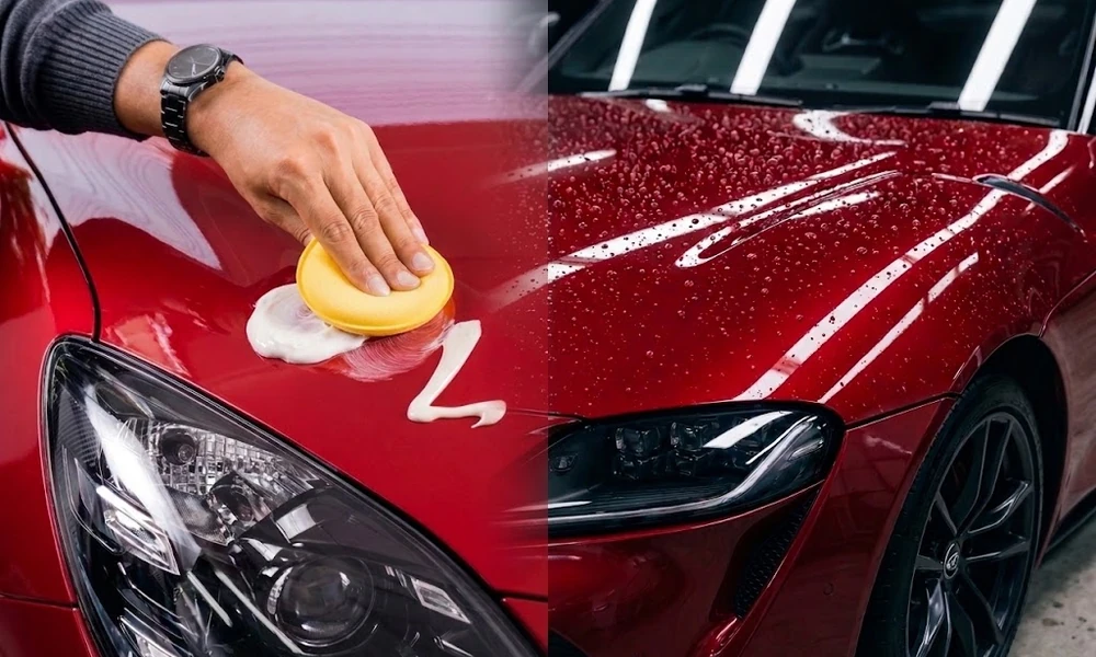 Comparison of ceramic-coated car paint and traditional car wax application.
