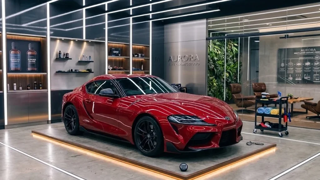 A sleek, high-definition view inside a premium ceramic coating studio featuring a brilliantly polished red sports car on an illuminated display stage, surrounded by modern architectural lighting, detailing product shelves, and luxury client consultation areas.