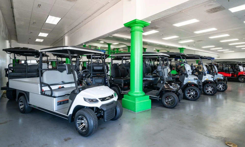 Golf cart dealership displaying different gas and electric golf cart models-Beachside Golf Cars