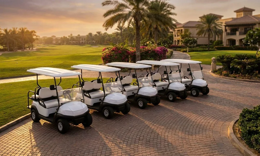 Different golf carts used for recreational transportation at a golf course.