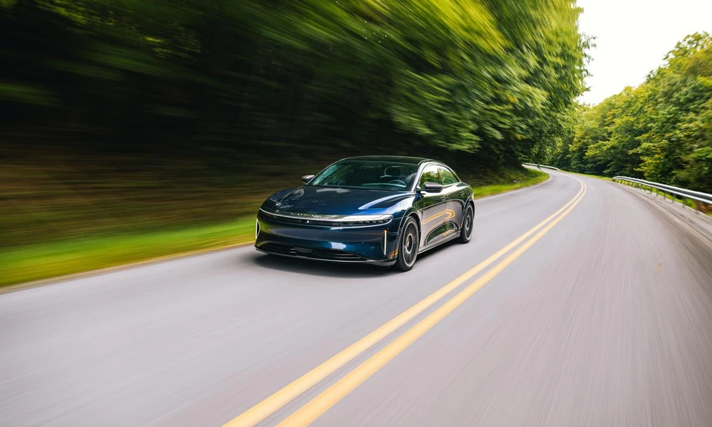 Blue Lucid Air Sapphire high-performance electric luxury sedan.