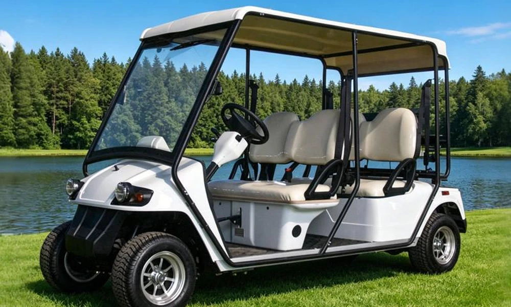 Four passenger golf cart with front and rear seating.