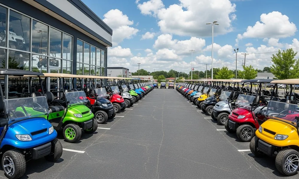 New and used golf carts available at a golf cart dealership.