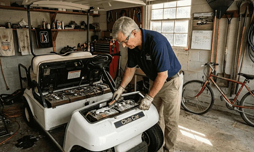 Technician cleaning lead-acid golf cart battery terminals during maintenance-Beachside Golf Cars