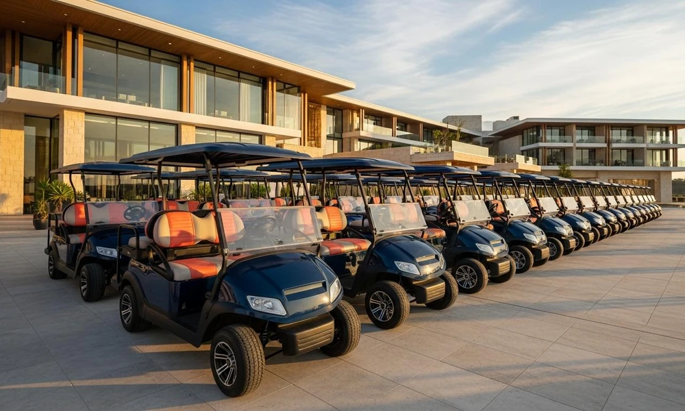 Electric golf cart fleet parked outside a commercial resort building.