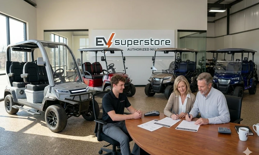 Customer discussing golf cart financing options with a dealership representative-Beachside Golf Cars
