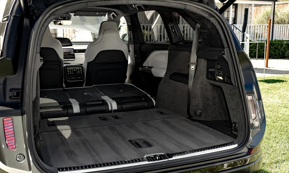 Cargo area and flexible rear seating inside the Lucid Gravity electric SUV.