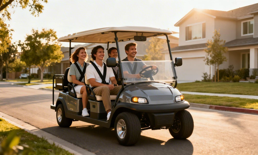 Modern four-passenger golf cart parked on a residential pathway-Beachside Golf Cars
