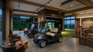 Golf Cars dealership showroom featuring modern golf carts for sale.