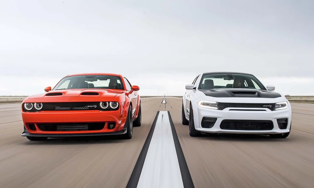 Dodge Charger and Challenger muscle cars showing distinctive American automotive design.