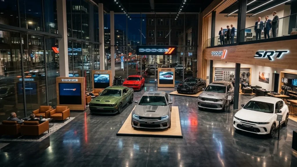 Modern Dodge dealership showroom at night with a gray Charger on a display platform, a green Challenger, a red Challenger, a black sedan, a gray Durango and a white Hornet, under Dodge and SRT signs, with customers seated in a lounge area and staff on the upper floor.