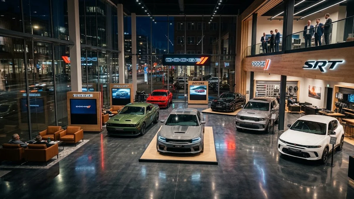Modern Dodge dealership showroom at night with a gray Charger on a display platform, a green Challenger, a red Challenger, a black sedan, a gray Durango and a white Hornet, under Dodge and SRT signs, with customers seated in a lounge area and staff on the upper floor.
