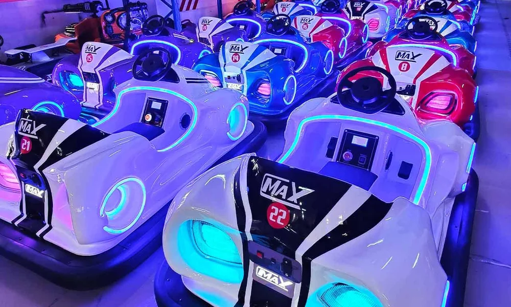 Commercial electric bumper cars displayed for amusement park equipment buyers.