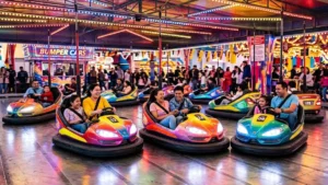 Colorful electric bumper cars with riders in an indoor amusement park arena