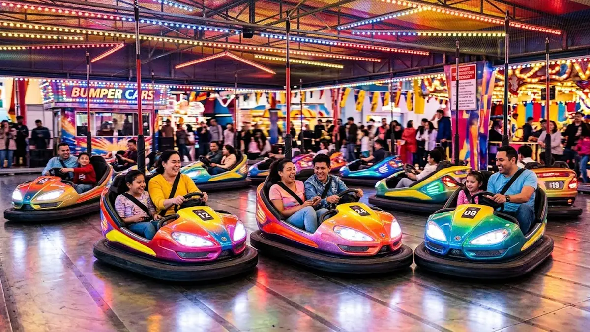 Colorful electric bumper cars with riders in an indoor amusement park arena